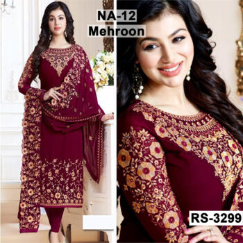 Chiffon Heavy Handwork Embroidered Dress Complete 3 Piece Unstitched Code NA-12 (Mehroon)