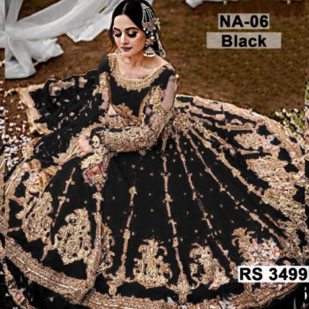 Net Heavy Handwork Embroidered Dress Complete 3 Piece Unstitched Code NA-06 (Black)