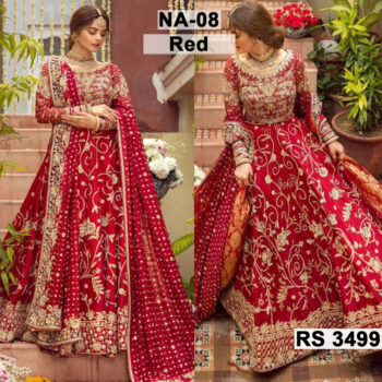 Net Heavy Handwork Embroidered Dress Complete 3 Piece Unstitched Code NA-08 (Red)