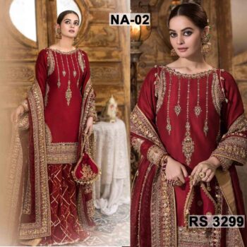 Chiffon Heavy Handwork Embroidered Dress Complete 3 Piece Unstitched Code NA-02 maroon