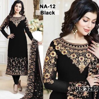 Chiffon Heavy Handwork Embroidered Dress Complete 3 Piece Unstitched Code NA-12 (Black)