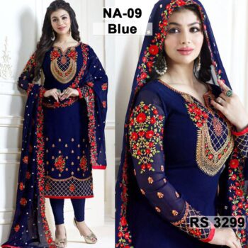 Chiffon Heavy Handwork Embroidered Dress Complete 3 Piece Unstitched Code NA-09 Blue