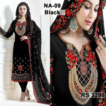 Chiffon Heavy Handwork Embroidered Dress Complete 3 Piece Unstitched Code NA-09 Black